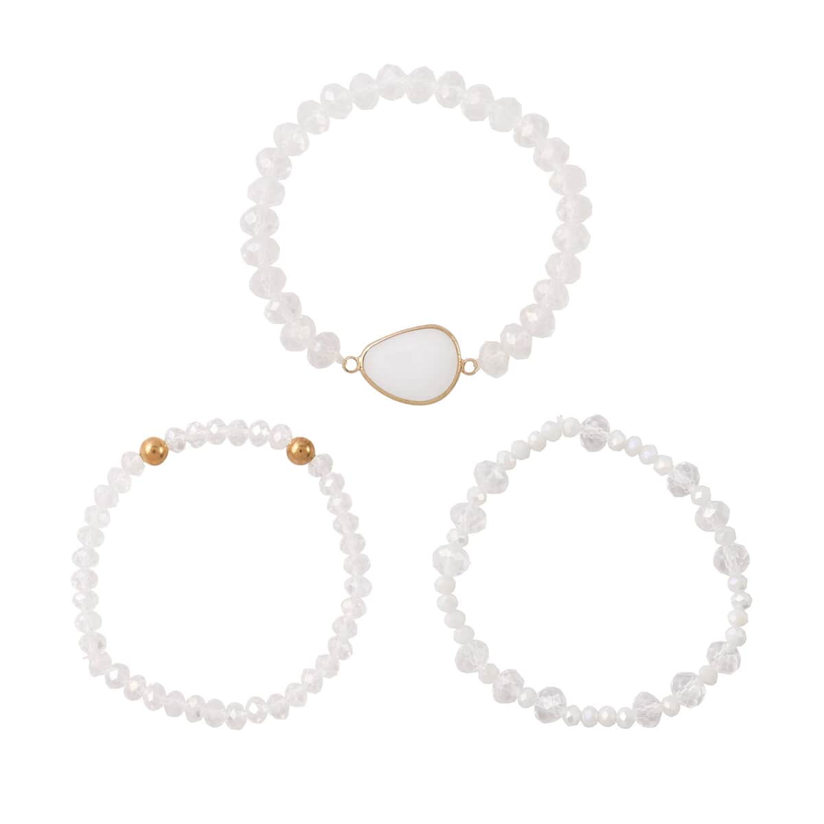 White Agate, White Glass Beaded & Resin Set of 3 Stretch Bracelet in Goldtone 5.00 ctw image number 0