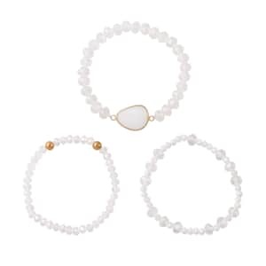 White Agate, White Glass Beaded & Resin Set of 3 Stretch Bracelet in Goldtone 5.00 ctw