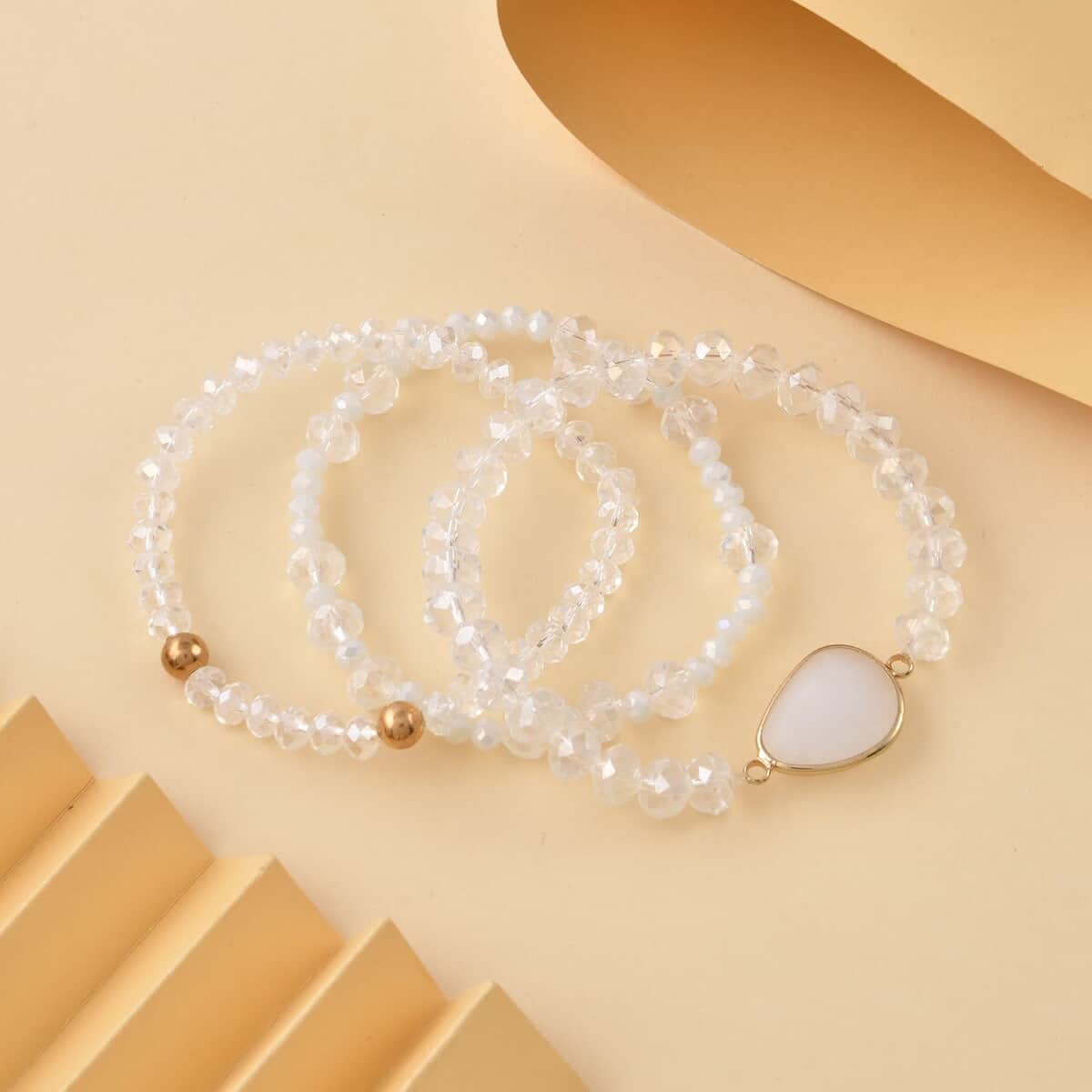 White Agate, White Glass Beaded & Resin Set of 3 Stretch Bracelet in Goldtone 5.00 ctw image number 1