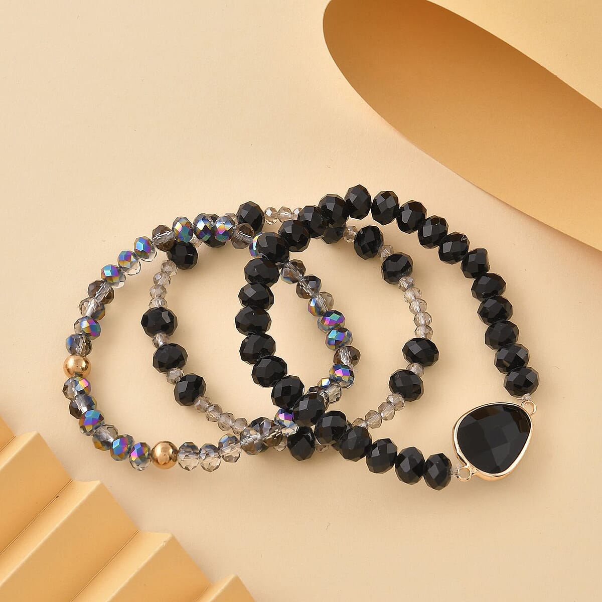 Black Agate, Magic, Black, Gray Color Glass Beaded & Resin 5.00 ctw Set of 3 Stretch Bracelet in Goldtone image number 1