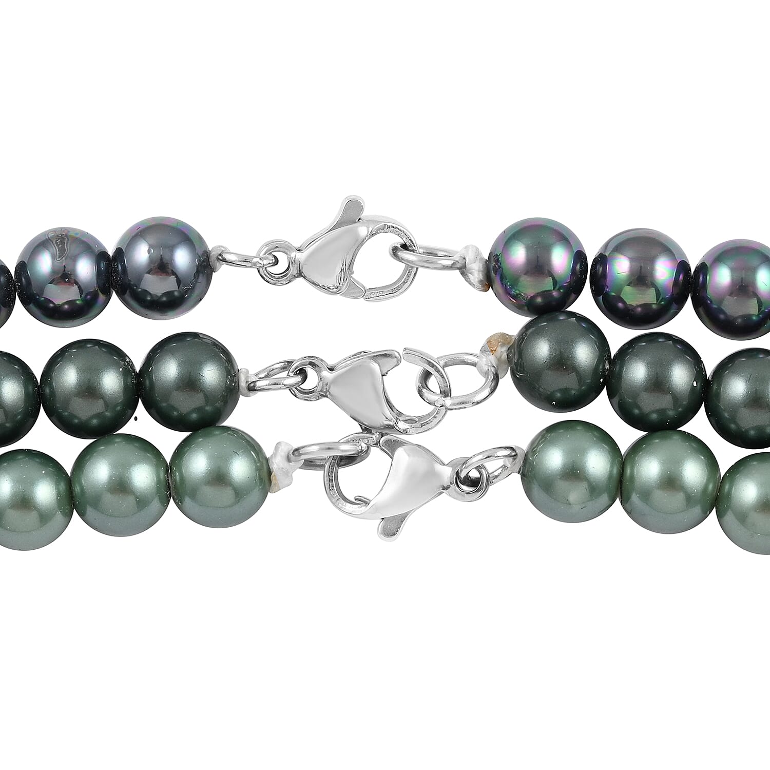 EverTrue Set of 4 Green, Deep Green and Dark Green 3 Shell Pearl Necklaces (17, 19, 21 Inches), 1 Butterfly Layering Lock in Stainless Steel