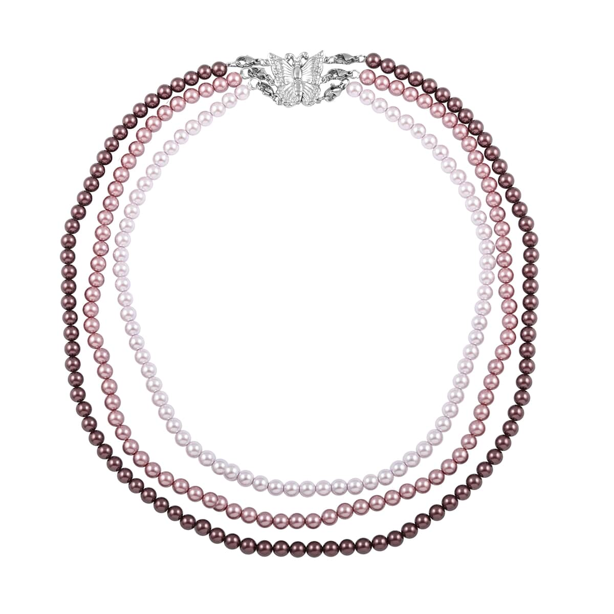 Ever True Set of 4 Purple, Peach and Pink 3 Shell Pearl Necklaces (17, 19, 21 Inches), 1 Butterfly Layering Lock in Stainless Steel image number 0