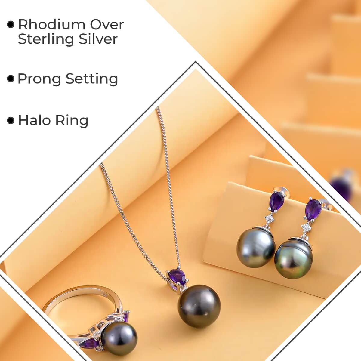 Tahitian Pearl, Multi Gemstone Ring Size 5, Earrings and Pendant Necklace 18 Inches in Rhodium Over Sterling Silver 1.75 ctw image number 2