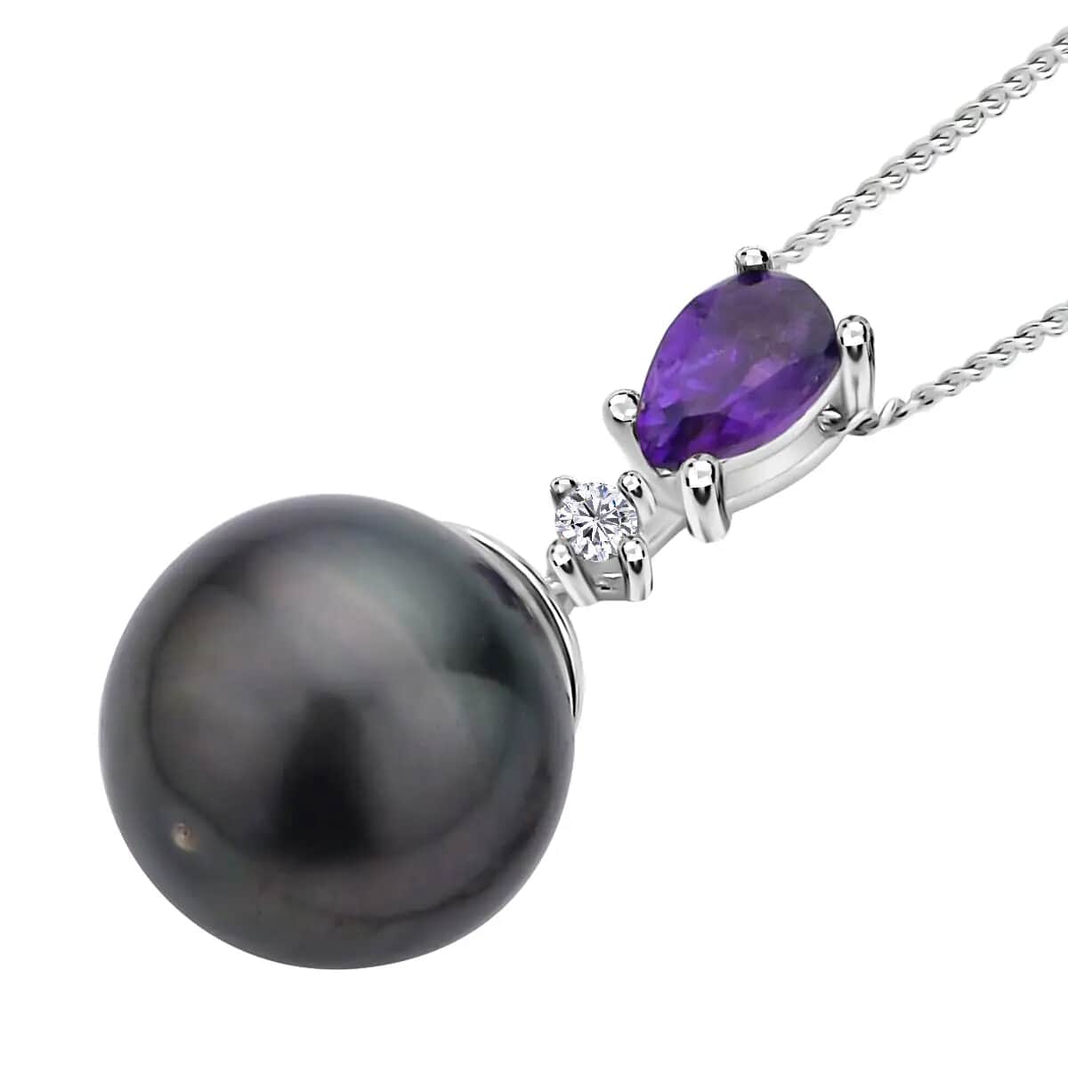 Tahitian Cultured Pearl, Multi Gemstone Ring Size 5, Earrings and Pendant Necklace 18 Inches in Rhodium Over Sterling Silver 7.50 Grams 1.75 ctw image number 5