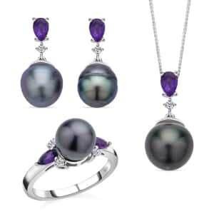 Tahitian Pearl, Multi Gemstone Ring Size 8, Earrings and Pendant Necklace 18 Inches in Rhodium Over Sterling Silver 1.75 ctw
