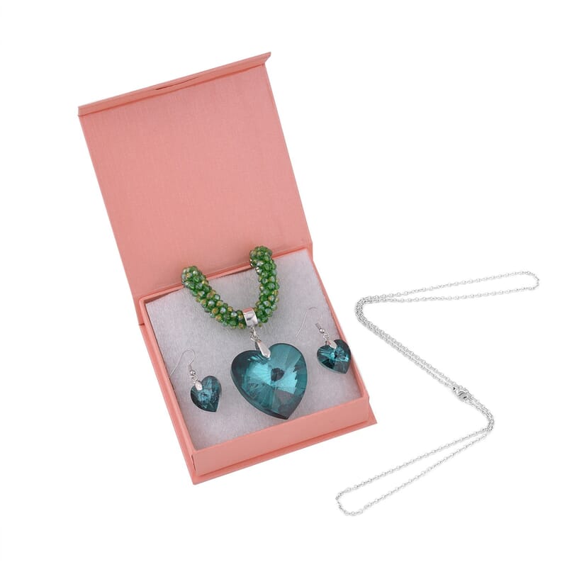 Simulated Emerald Heart Earrings, Pendant with Beaded Necklace (20-22In) and Chain (24In) in Silvertone and Stainless Steel , Tarnish-Free, Waterproof, Sweat Proof Jewelry
