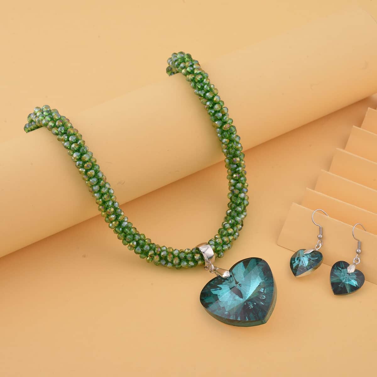 Simulated Emerald Heart Earrings, Pendant with Beaded Necklace (20-22In) and Chain (24In) in Silvertone and Stainless Steel , Tarnish-Free, Waterproof, Sweat Proof Jewelry image number 1