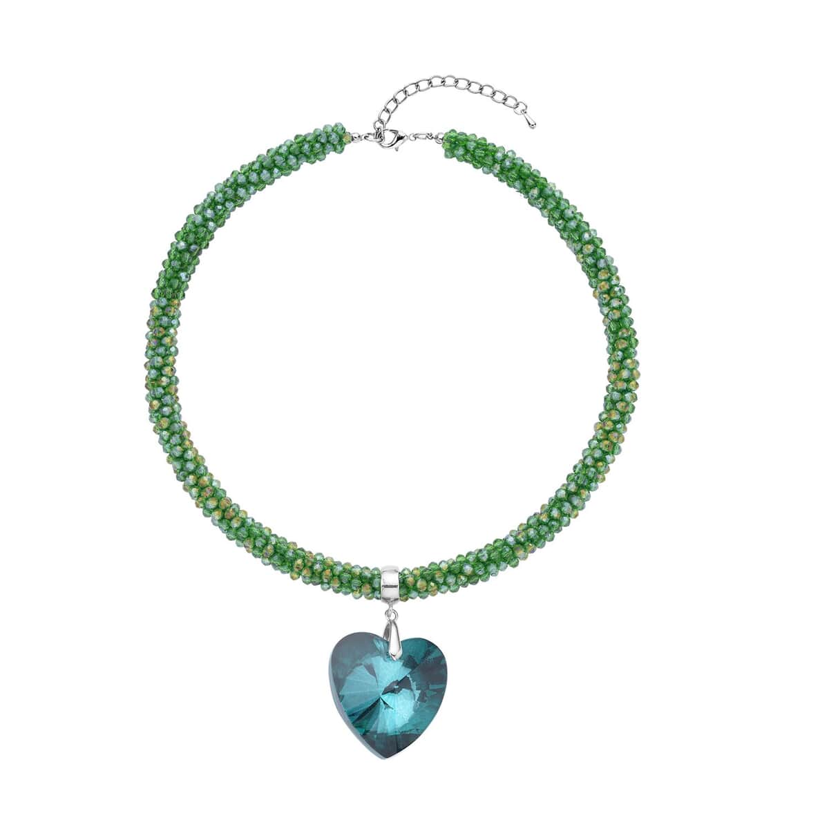 Simulated Emerald Heart Earrings, Pendant with Beaded Necklace (20-22In) and Chain (24In) in Silvertone and Stainless Steel , Tarnish-Free, Waterproof, Sweat Proof Jewelry image number 2