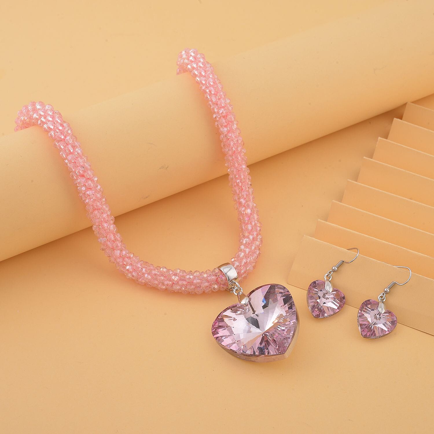Simulated Pink Sapphire Heart Earrings, Pendant with Beaded Necklace (20-22In) and Chain (24In) in Silvertone and Stainless Steel | Tarnish-Free, Waterproof, Sweat Proof Jewelry
