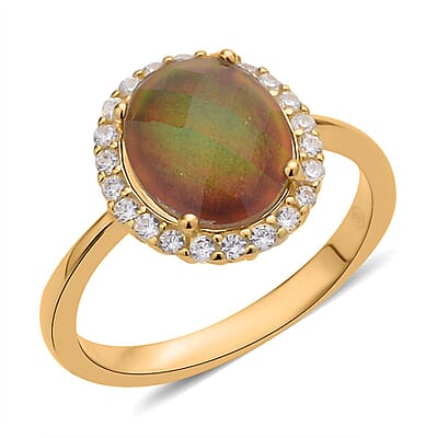 Mood Ring and Pendant Set, Color Change Crystal, Simulated Diamond Halo Ring Pendant Necklace, Temperature Changing Color Mood Ring Pendant in 14K Yellow Gold Over Sterling Silver