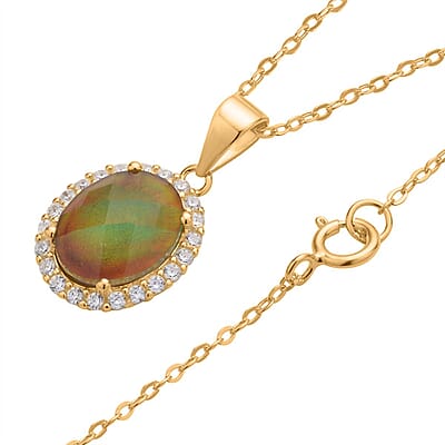 Mood Ring and Pendant Set, Color Change Crystal, Simulated Diamond Halo Ring Pendant Necklace, Temperature Changing Color Mood Ring Pendant in 14K Yellow Gold Over Sterling Silver