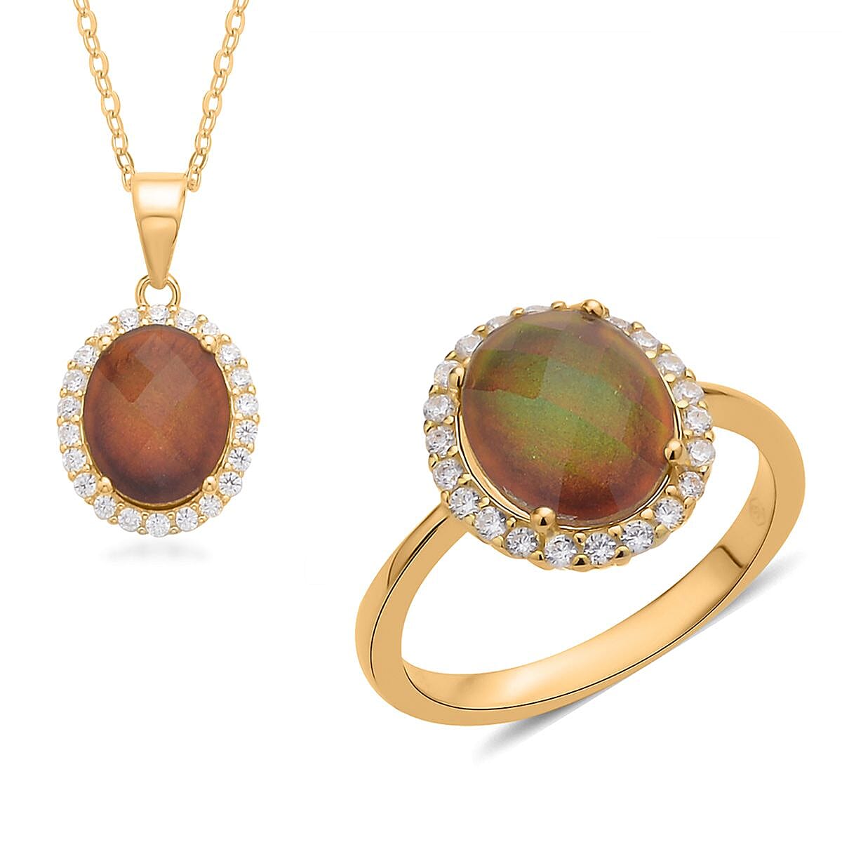 Color Change Glass, Simulated Diamond Mood Ring and Pendant Necklace 18 Inches in 14K YG Over Sterling Silver 0.50 ctw