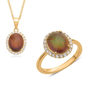 Mood Ring and Pendant Set, Color Change Crystal, Simulated Diamond Halo Ring Pendant Necklace, Temperature Changing Color Mood Ring Pendant in 14K Yellow Gold Over Sterling Silver