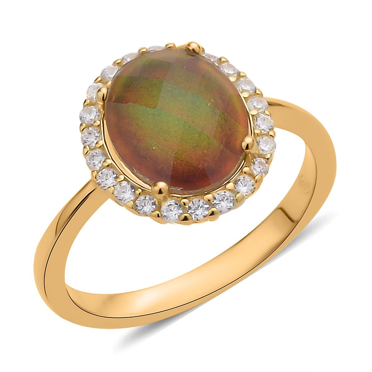 Mood Ring and Pendant Set, Color Change Crystal, Simulated Diamond Halo Ring Pendant Necklace, Temperature Changing Color Mood Ring Pendant in 14K Yellow Gold Over Sterling Silver