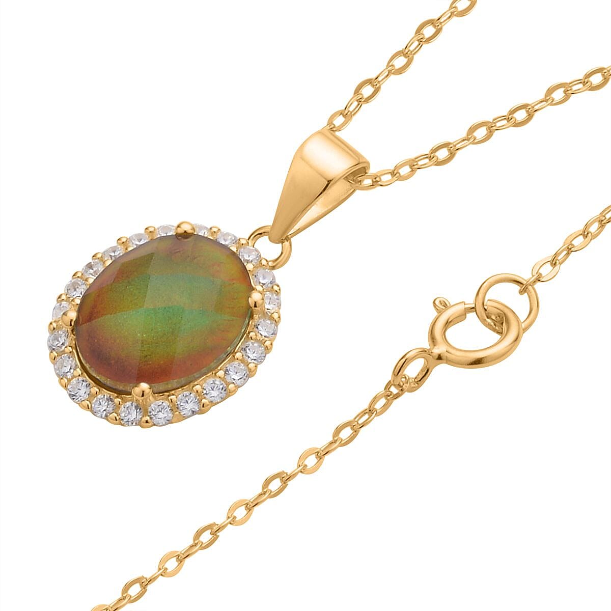 Mood Ring and Pendant Set, Color Change Crystal, Simulated Diamond Halo Ring Pendant Necklace, Temperature Changing Color Mood Ring Pendant in 14K Yellow Gold Over Sterling Silver