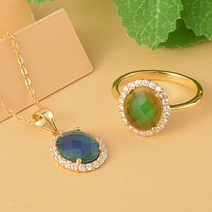 Mood Ring and Pendant Set, Color Change Crystal, Simulated Diamond Halo Ring (Size 9.00) Pendant Necklace, Temperature Changing Color Mood Ring Pendant in 14K Yellow Gold Over Sterling Silver