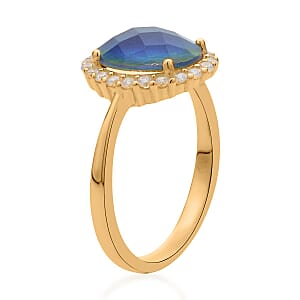 Mood Ring and Pendant Set, Color Change Crystal, Simulated Diamond Halo Ring (Size 9.00) Pendant Necklace, Temperature Changing Color Mood Ring Pendant in 14K Yellow Gold Over Sterling Silver