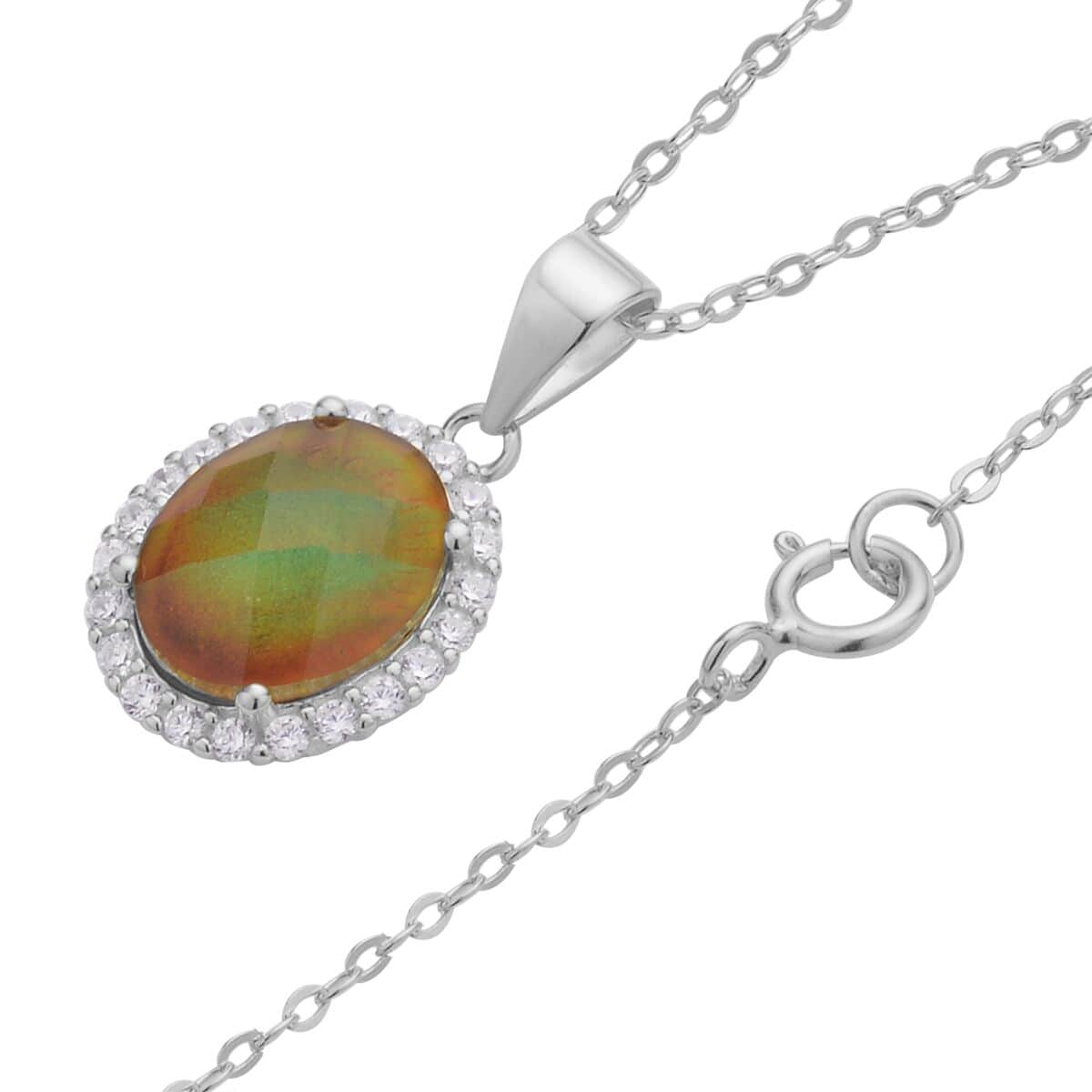 Mood Ring and Pendant Set, Color Change Crystal, Simulated Diamond Halo Ring Pendant Necklace, Temperature Changing Color Mood Ring Pendant in Rhodium Over Sterling Silver image number 6
