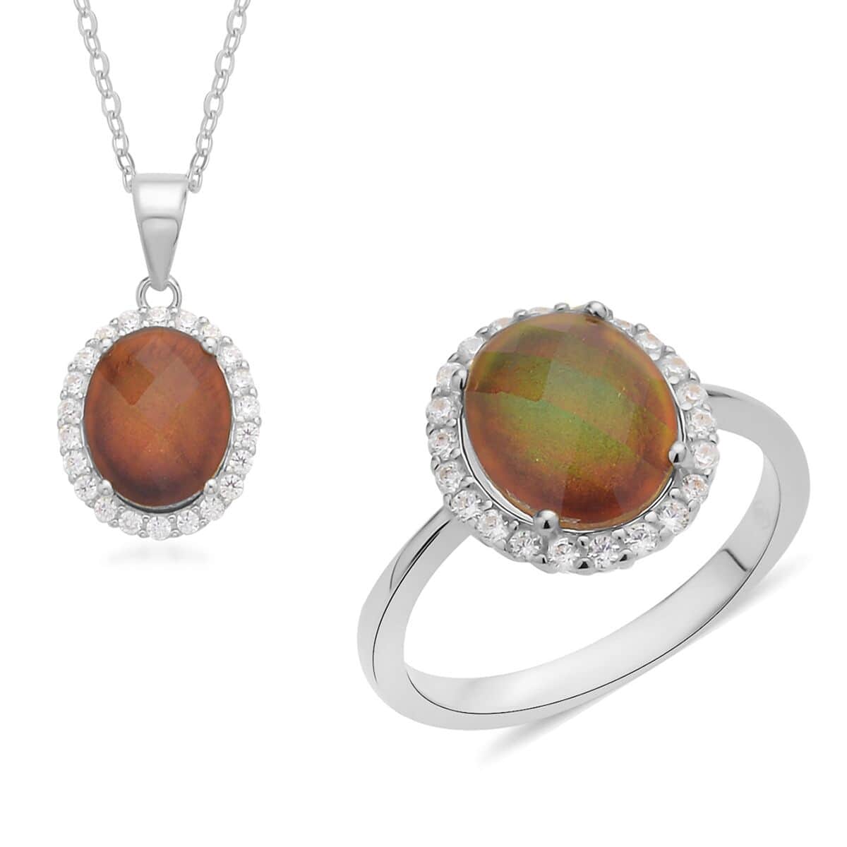 Mood Ring and Pendant Set, Color Change Crystal, Simulated Diamond 0.50 ctw Halo Ring (Size 8.00), Pendant Necklace, Temperature Changing Color Mood Ring Pendant image number 0