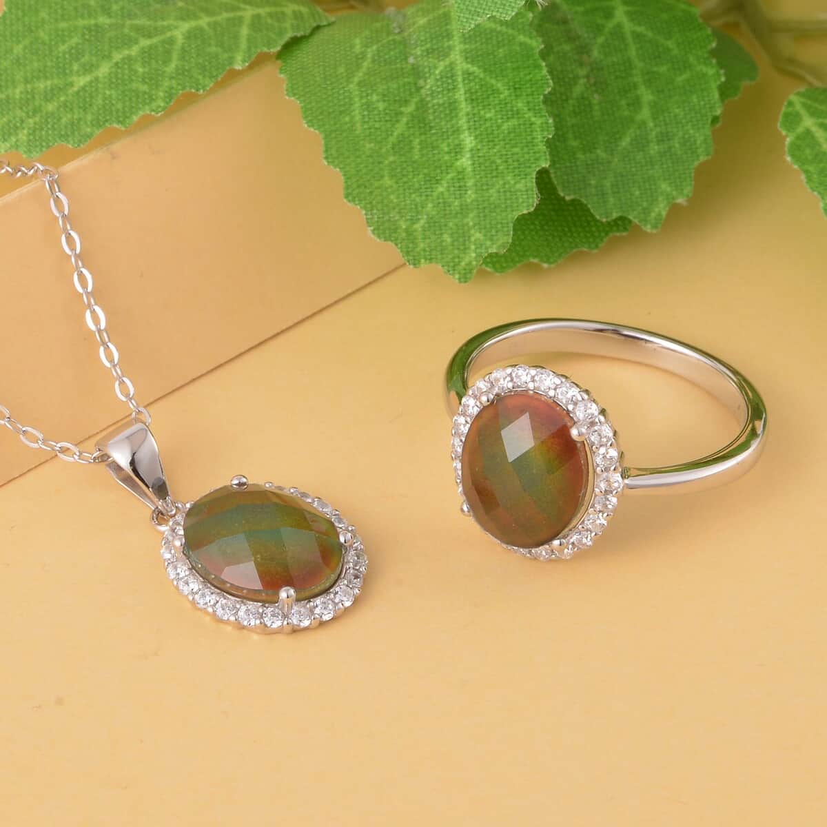 Mood Ring and Pendant Set, Color Change Crystal, Simulated Diamond 0.50 ctw Halo Ring (Size 8.00), Pendant Necklace, Temperature Changing Color Mood Ring Pendant image number 1