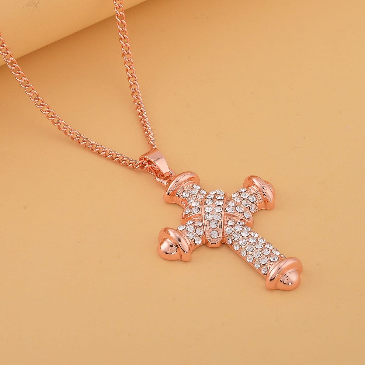 Austrian Crystal Cross Pendant Necklace 28-30 Inches in Rosetone image number 1