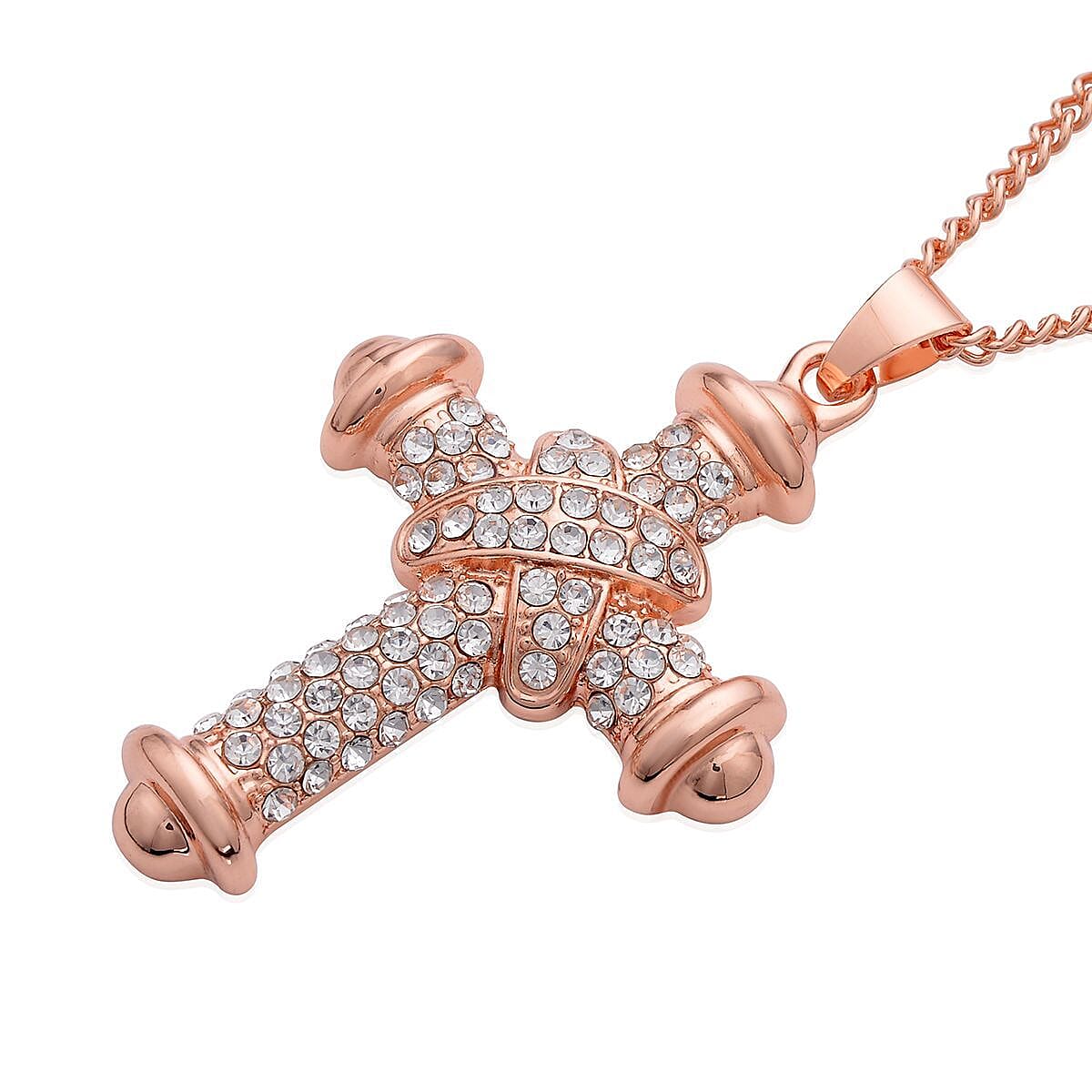 Austrian Crystal Cross Pendant Necklace 28-30 Inches in Rosetone image number 3
