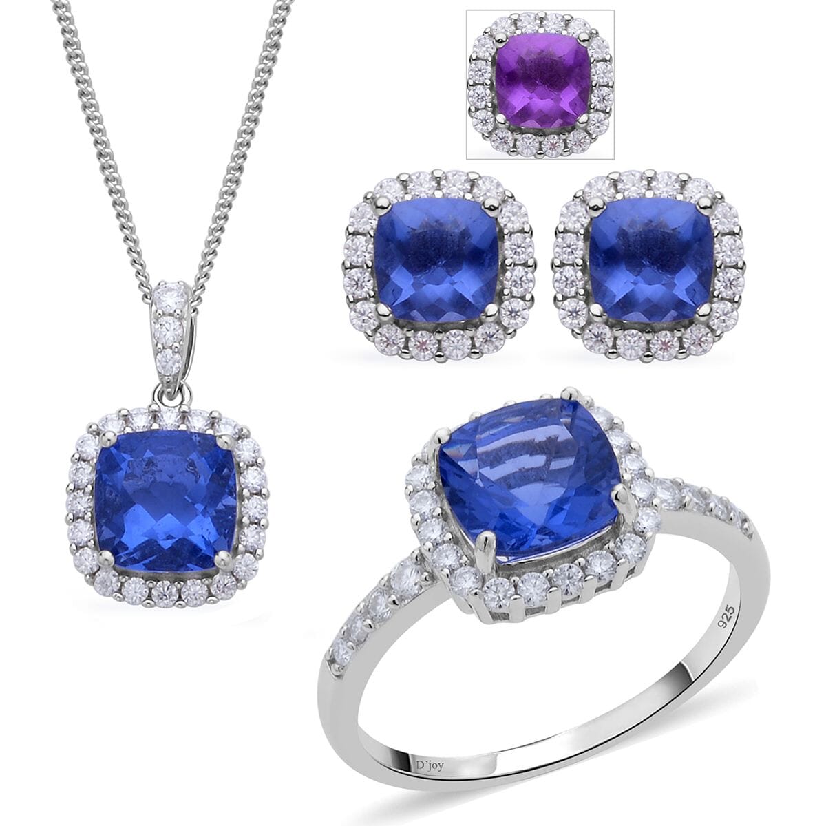 Color Change Fluorite Ring and Moissanite Halo Ring (Size 6.0) Stud Earrings and Pendant Necklace 18 Inches in Rhodium Over Sterling Silver 7.85 ctw image number 0