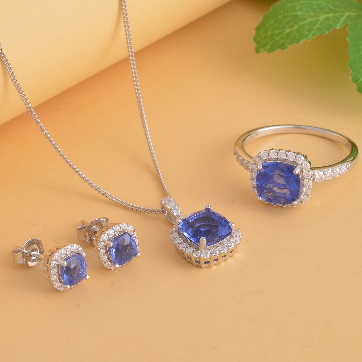 Color Change Fluorite Ring and Moissanite Halo Ring (Size 6.0) Stud Earrings and Pendant Necklace 18 Inches in Rhodium Over Sterling Silver 7.85 ctw image number 1