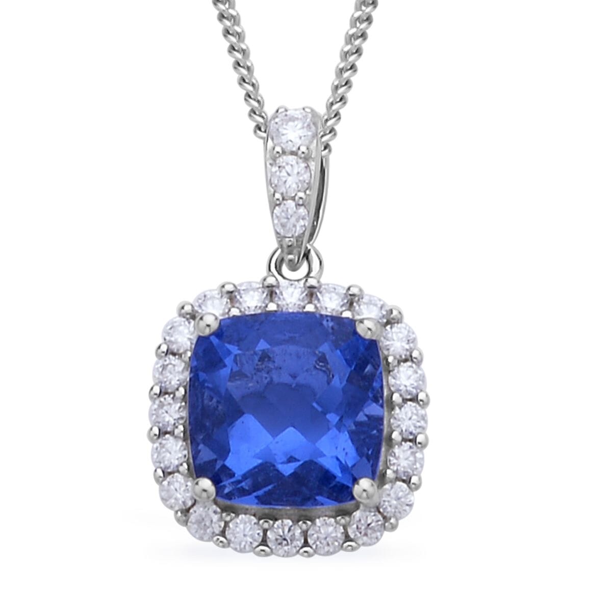 Color Change Fluorite Ring and Moissanite Halo Ring (Size 6.0) Stud Earrings and Pendant Necklace 18 Inches in Rhodium Over Sterling Silver 7.85 ctw image number 4