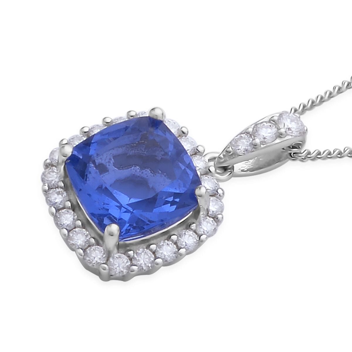 Color Change Fluorite Ring and Moissanite Halo Ring (Size 6.0) Stud Earrings and Pendant Necklace 18 Inches in Rhodium Over Sterling Silver 7.85 ctw image number 5