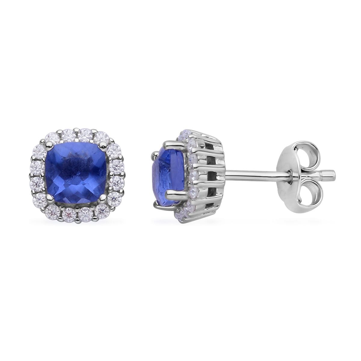 Color Change Fluorite Ring and Moissanite Halo Ring (Size 6.0) Stud Earrings and Pendant Necklace 18 Inches in Rhodium Over Sterling Silver 7.85 ctw image number 6