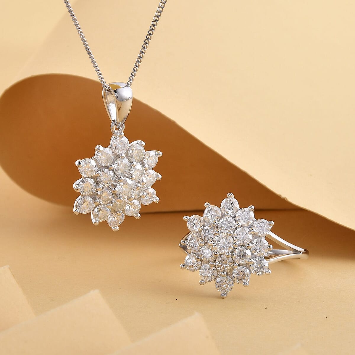 Moissanite Floral Ring (Size 8.0) and Pendant Necklace 18 Inches in Rhodium Over Sterling Silver 3.90 ctw image number 1