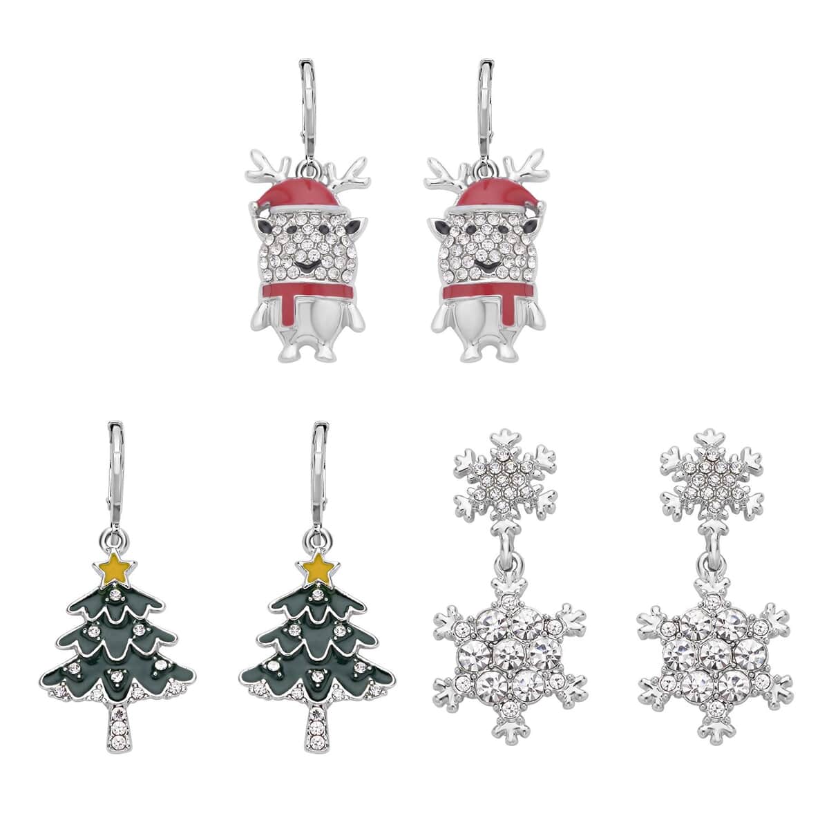 Set of 3 Austrian Crystal, Enameled Santa Claus, Christmas Tree & Snowflakes Earrings in Silvertone image number 0