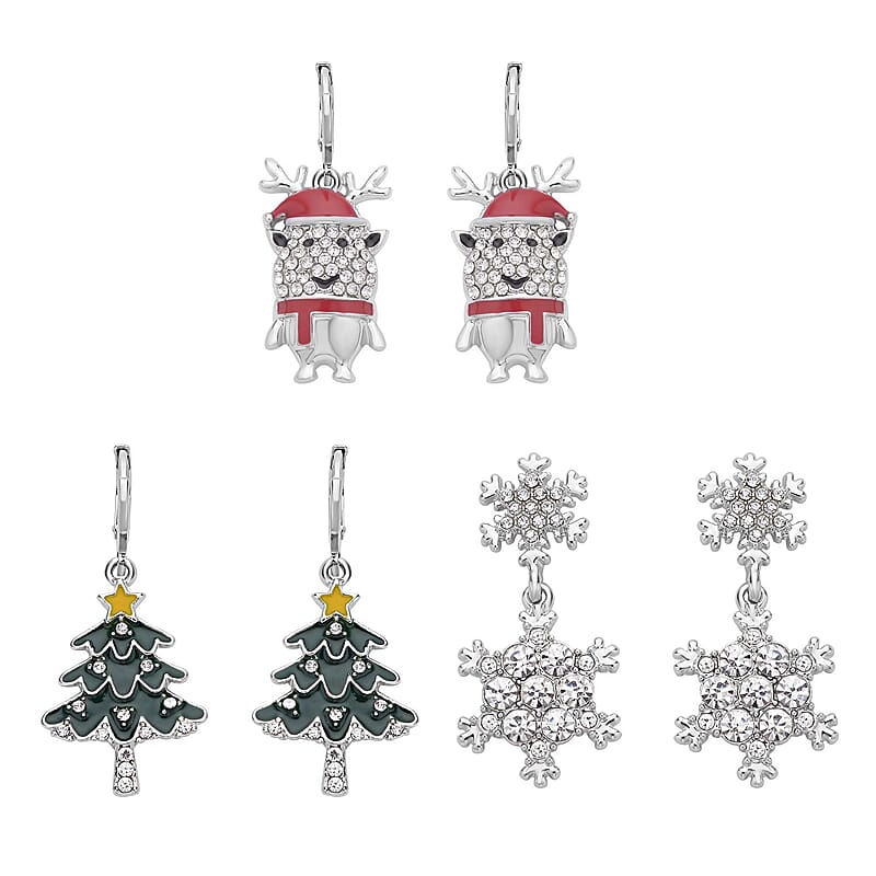 Set of 3 Austrian Crystal, Enameled Santa Claus, Christmas Tree & Snowflakes Earrings in Silvertone