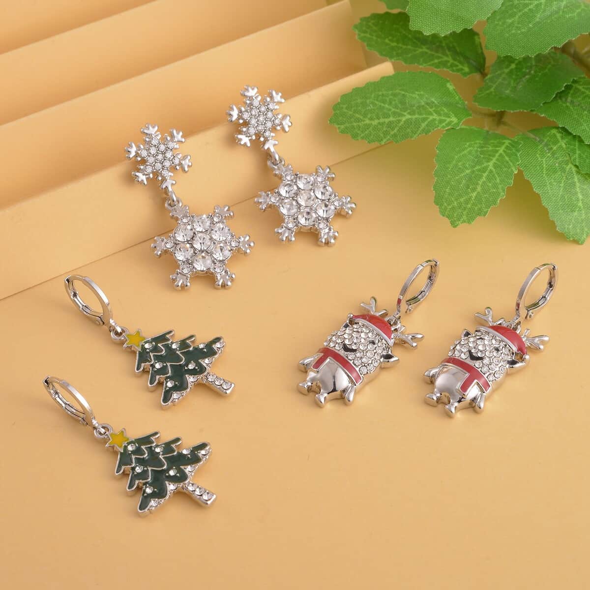 Set of 3 Austrian Crystal, Enameled Santa Claus, Christmas Tree & Snowflakes Earrings in Silvertone image number 1