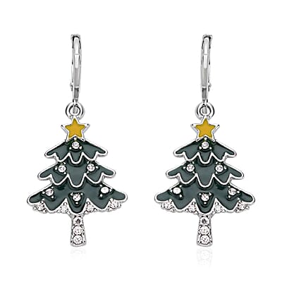 Set of 3 Austrian Crystal, Enameled Santa Claus, Christmas Tree & Snowflakes Earrings in Silvertone