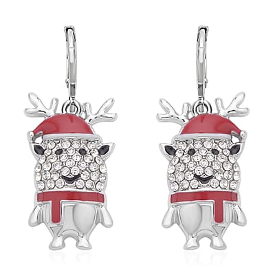 Set of 3 Austrian Crystal, Enameled Santa Claus, Christmas Tree & Snowflakes Earrings in Silvertone