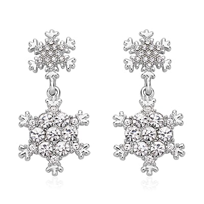 Set of 3 Austrian Crystal, Enameled Santa Claus, Christmas Tree & Snowflakes Earrings in Silvertone