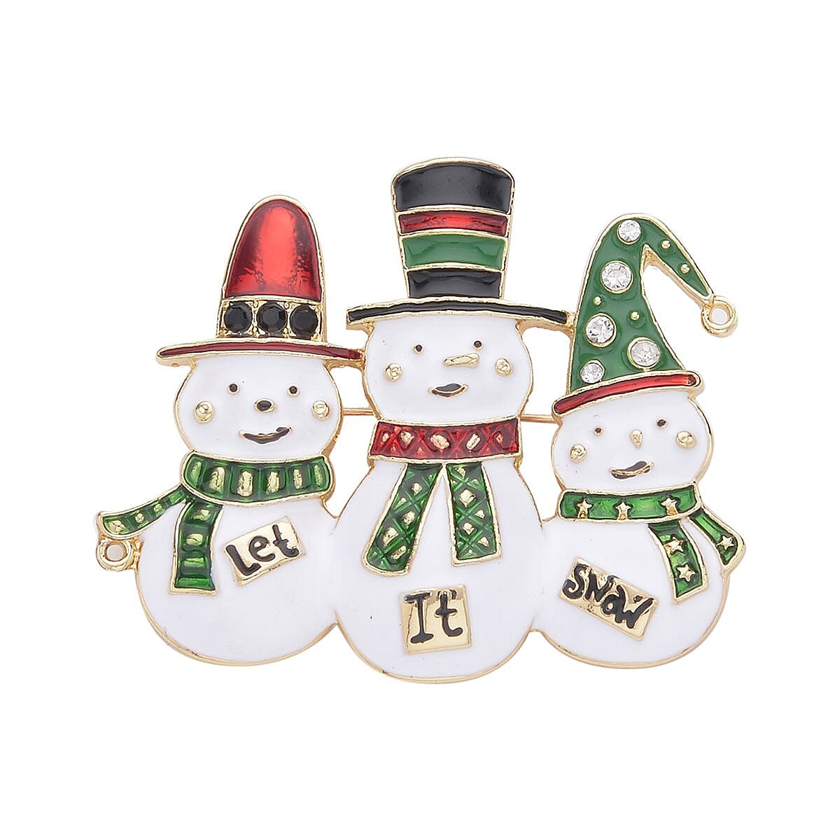 Set of 2 White & Green Austrian Crystal, Enameled Snowman & Merry Christmas Brooch in Goldtone