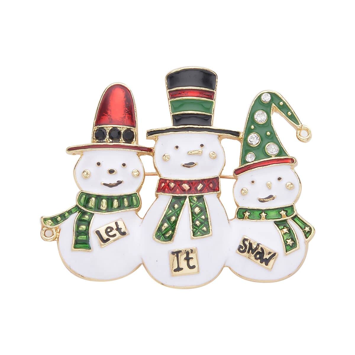 Set of 2 White & Green Austrian Crystal, Enameled Snowman & Merry Christmas Brooch in Goldtone image number 4