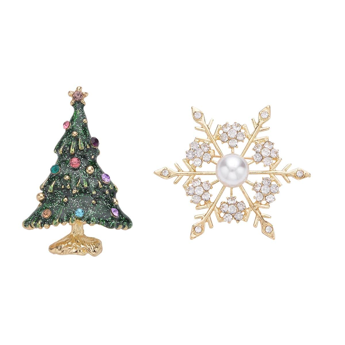 Set of 2 Multi Color Austrian Crystal, Simulated Pearl, Enameled Snowflake & Christmas Tree Brooch in Goldtone image number 0