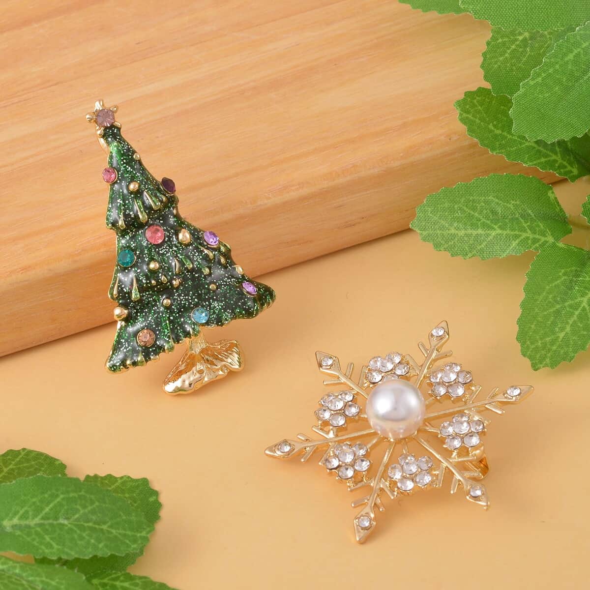 Set of 2 Multi Color Austrian Crystal, Simulated Pearl, Enameled Snowflake & Christmas Tree Brooch in Goldtone image number 1