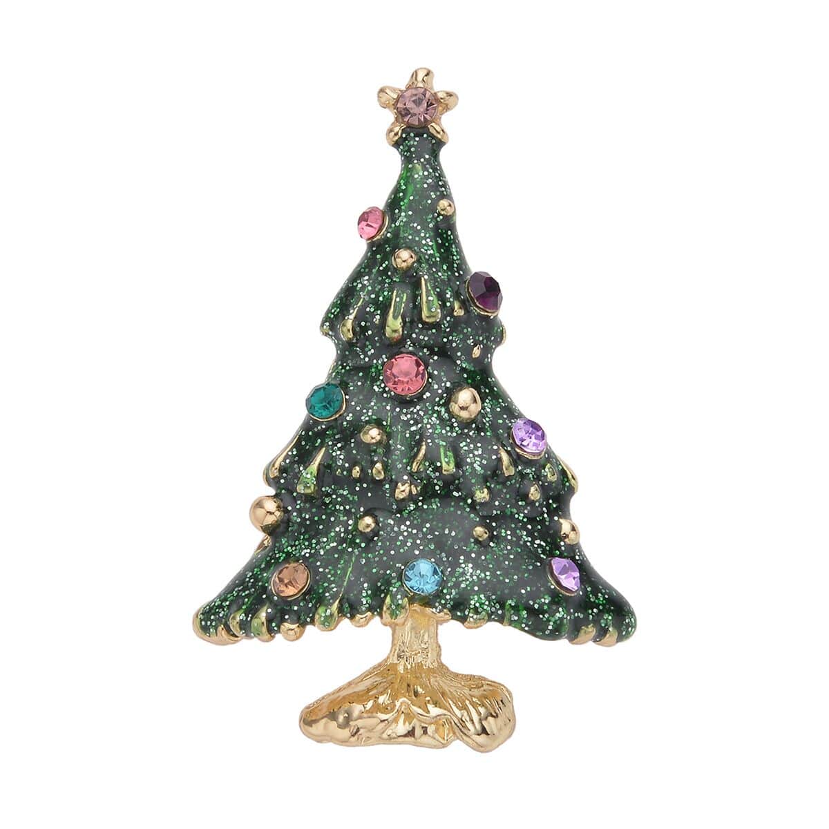 Set of 2 Multi Color Austrian Crystal, Simulated Pearl, Enameled Snowflake & Christmas Tree Brooch in Goldtone image number 2