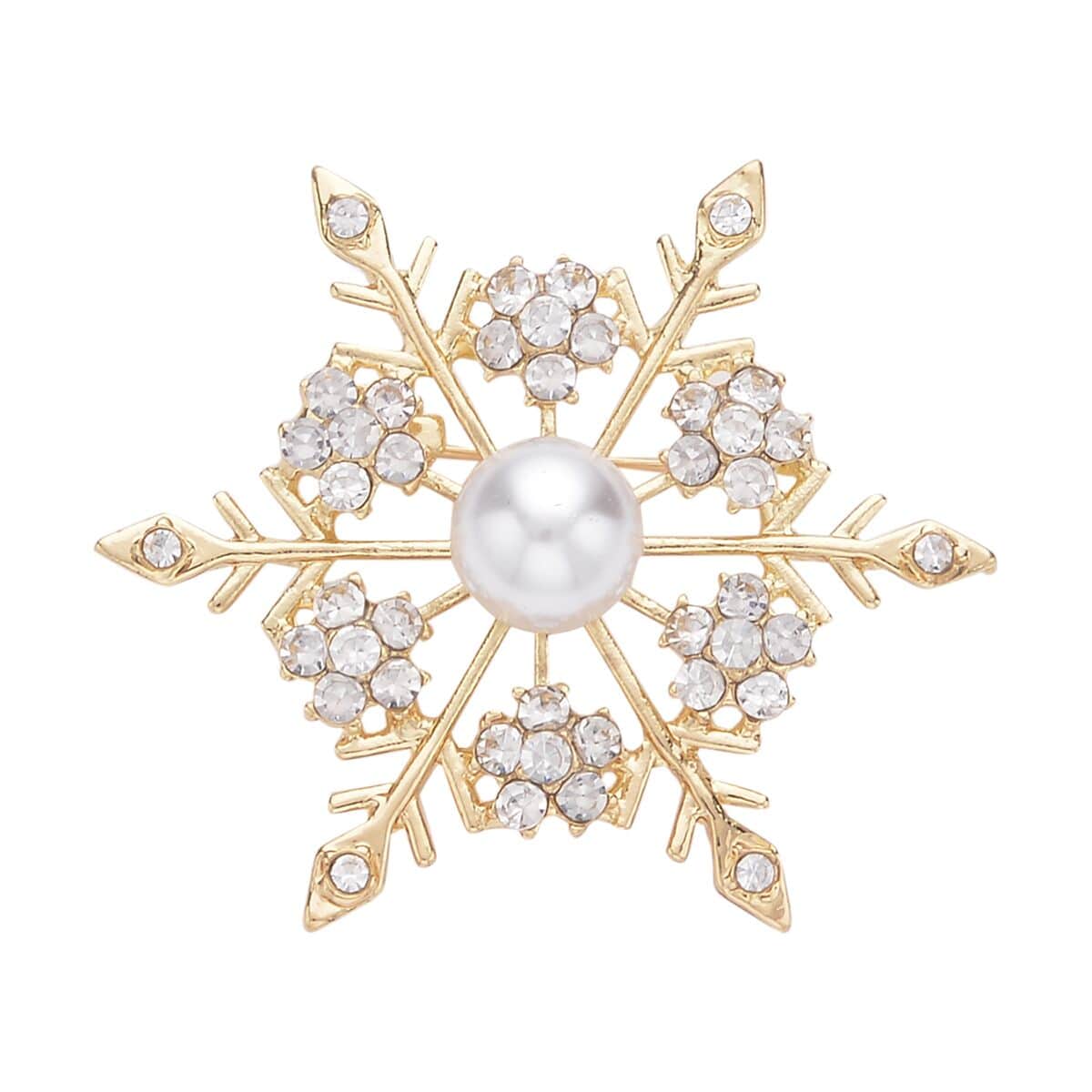 Set of 2 Multi Color Austrian Crystal, Simulated Pearl, Enameled Snowflake & Christmas Tree Brooch in Goldtone image number 4