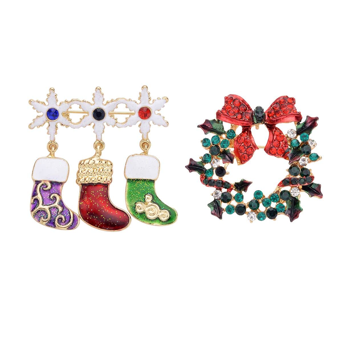 Set of 2 Multi Color Austrian Crystal, Enameled Christmas Wreaths & Socks Brooch in Goldtone image number 0