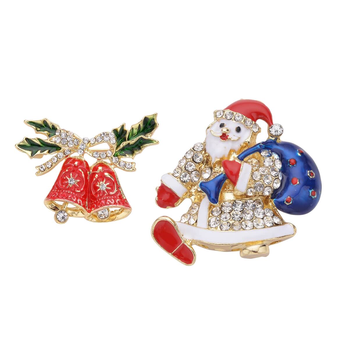 Set of 2 White & Black Austrian Crystal, Enameled Bell & Santa Claus Brooch in Goldtone image number 0