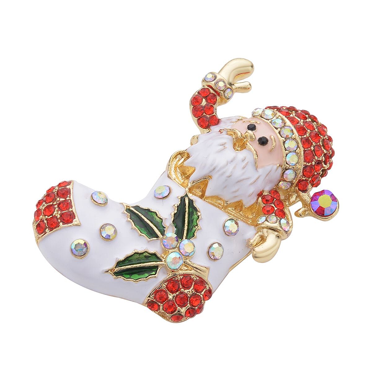 Set of 2 Multi Color Austrian Crystal, Enameled Reindeer & Santa Claus Brooch in Goldtone
