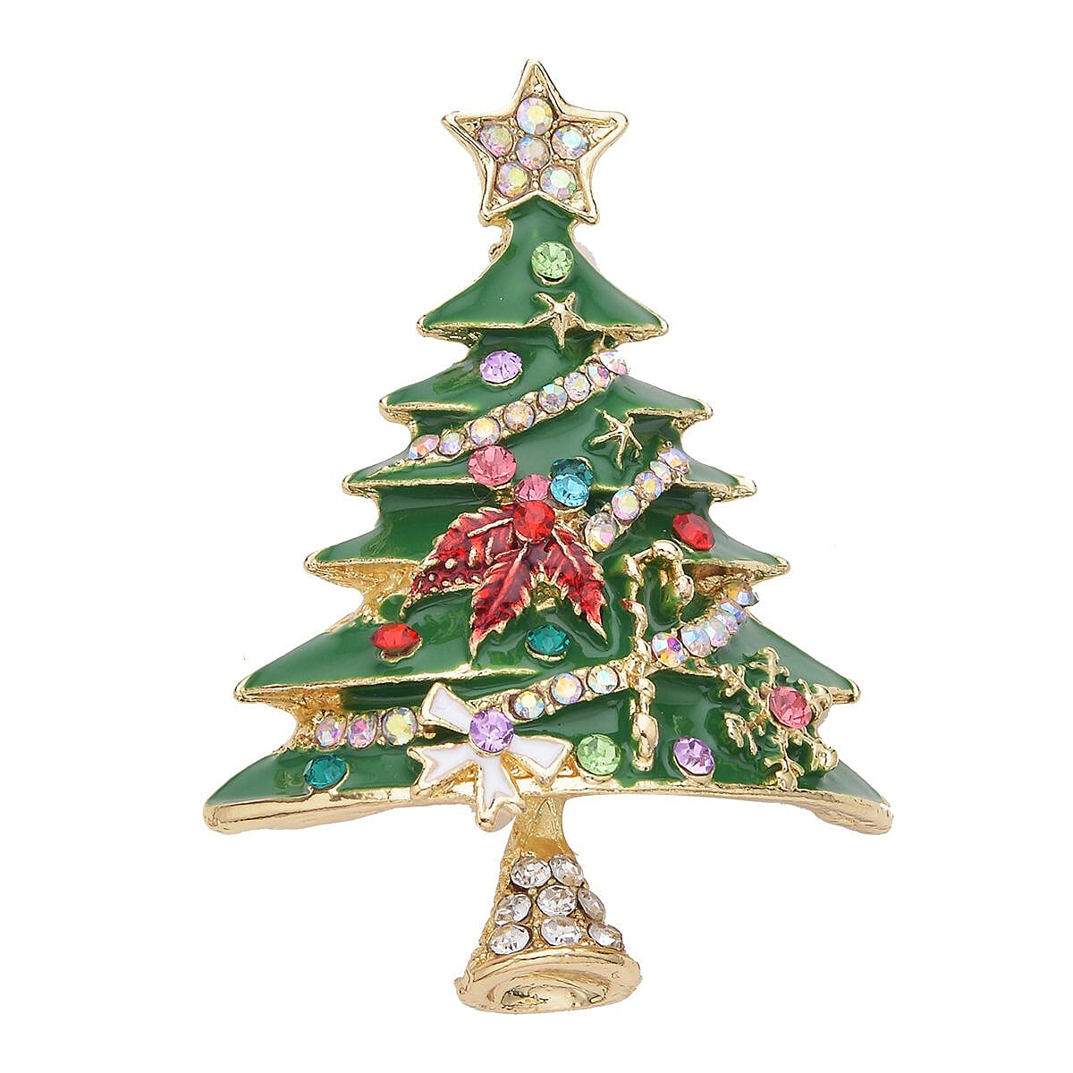 Set of 2 Austrian Crystal, White & Green Glass and Enameled Snowman & Christmas Tree Brooch in Goldtone image number 2