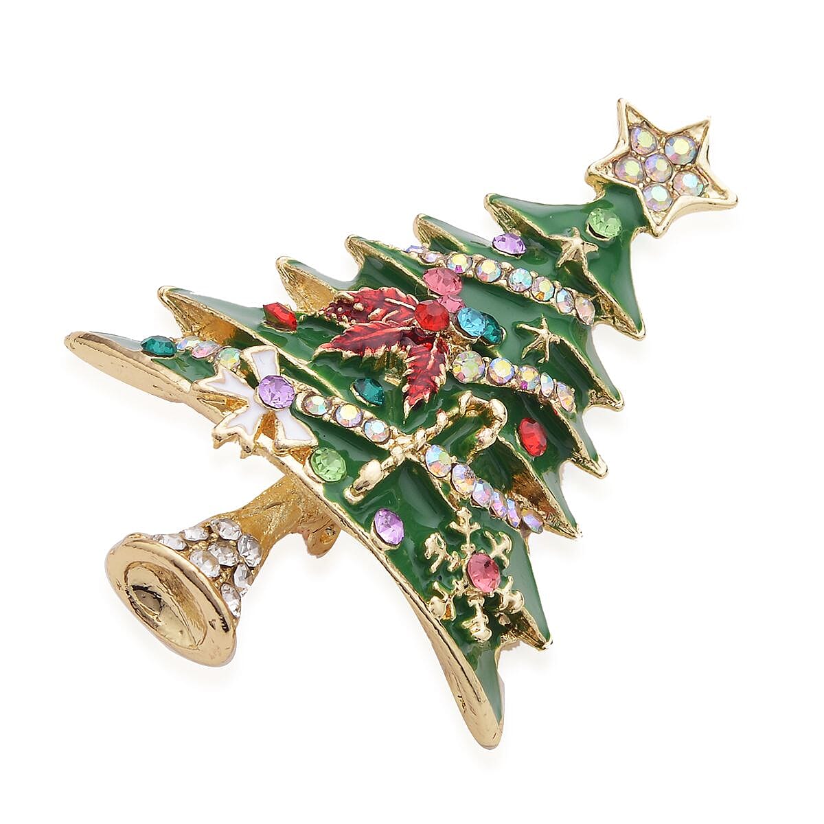 Set of 2 Austrian Crystal, White & Green Glass and Enameled Snowman & Christmas Tree Brooch in Goldtone image number 3
