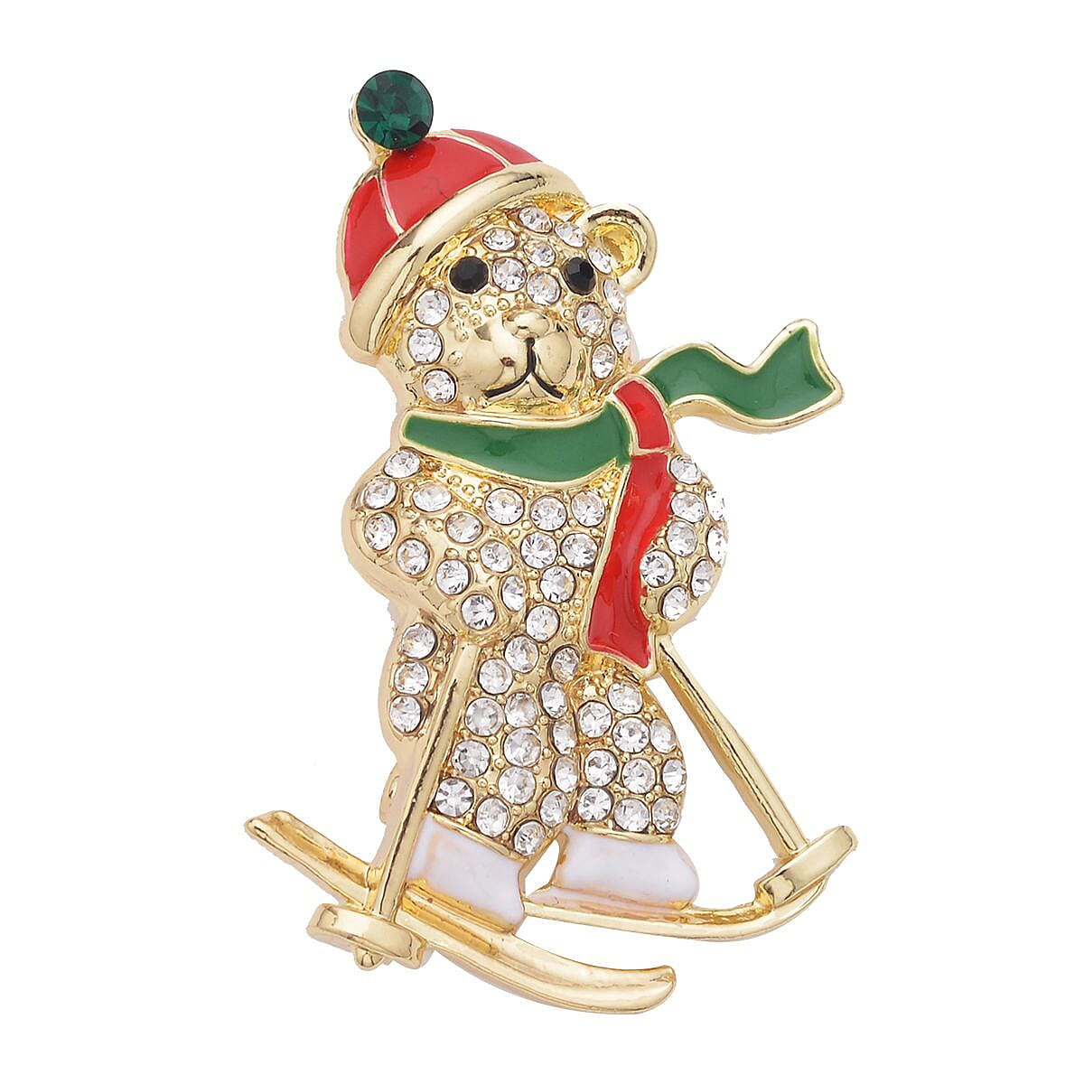 Set of 2 Austrian Crystal, White & Green Glass and Enameled Snowman & Christmas Tree Brooch in Goldtone image number 5